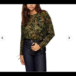 Topshop blouse Olive green Floral print Chiffon Ruffle Top SZ 2 long sleeve